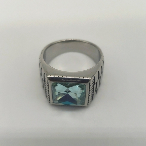 140- Aqua Cubic Zirconia Handmade Men's Ring Size 9 1/2 NWT - Picture 3 of 8